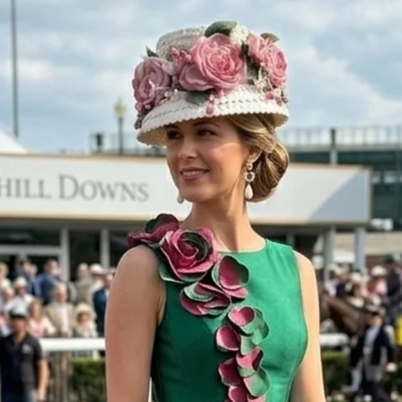 Vintage straw women’s tall pill hat decorated with large pink and white flowers - Picture 2 of 9